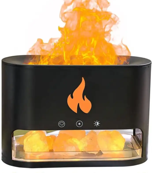 Diffuseur d’aromathérapie au sel de cristal de flamme de cheminée, diffuseur d’huiles essentielles 250 ml, diffuseur d’humidificateur d’arôme de flamme, lampe à sel de l’Himalaya, huile essentielle